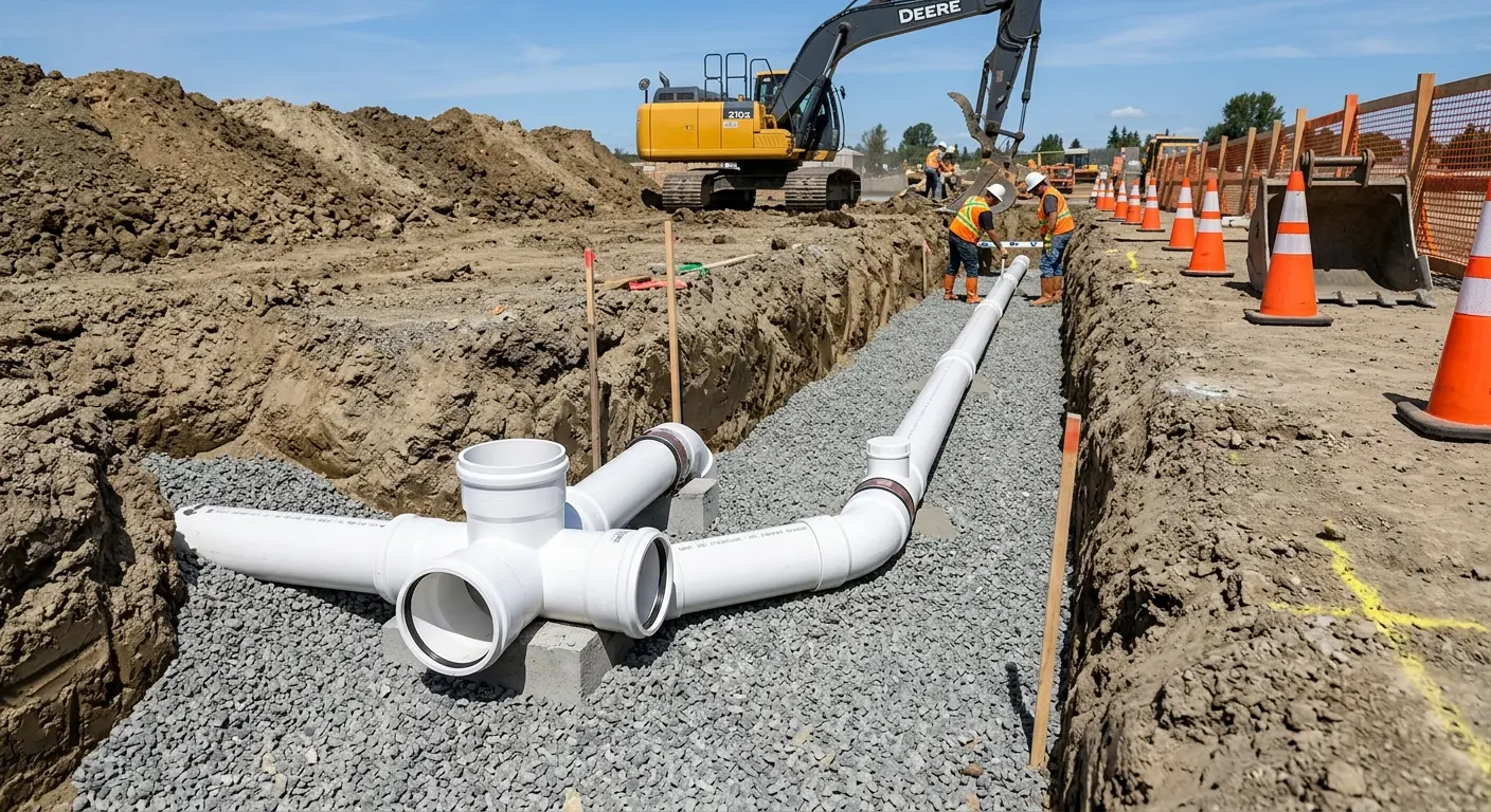 New PVC sewer pipe installation in open trench for Sewer Backup in Hanover Park