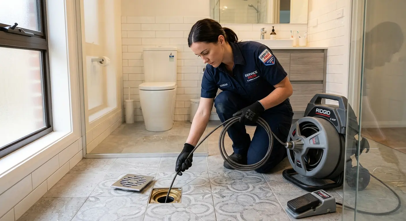 Technician clearing a bathroom floor drain for Hydro Jetting in Hanover Park